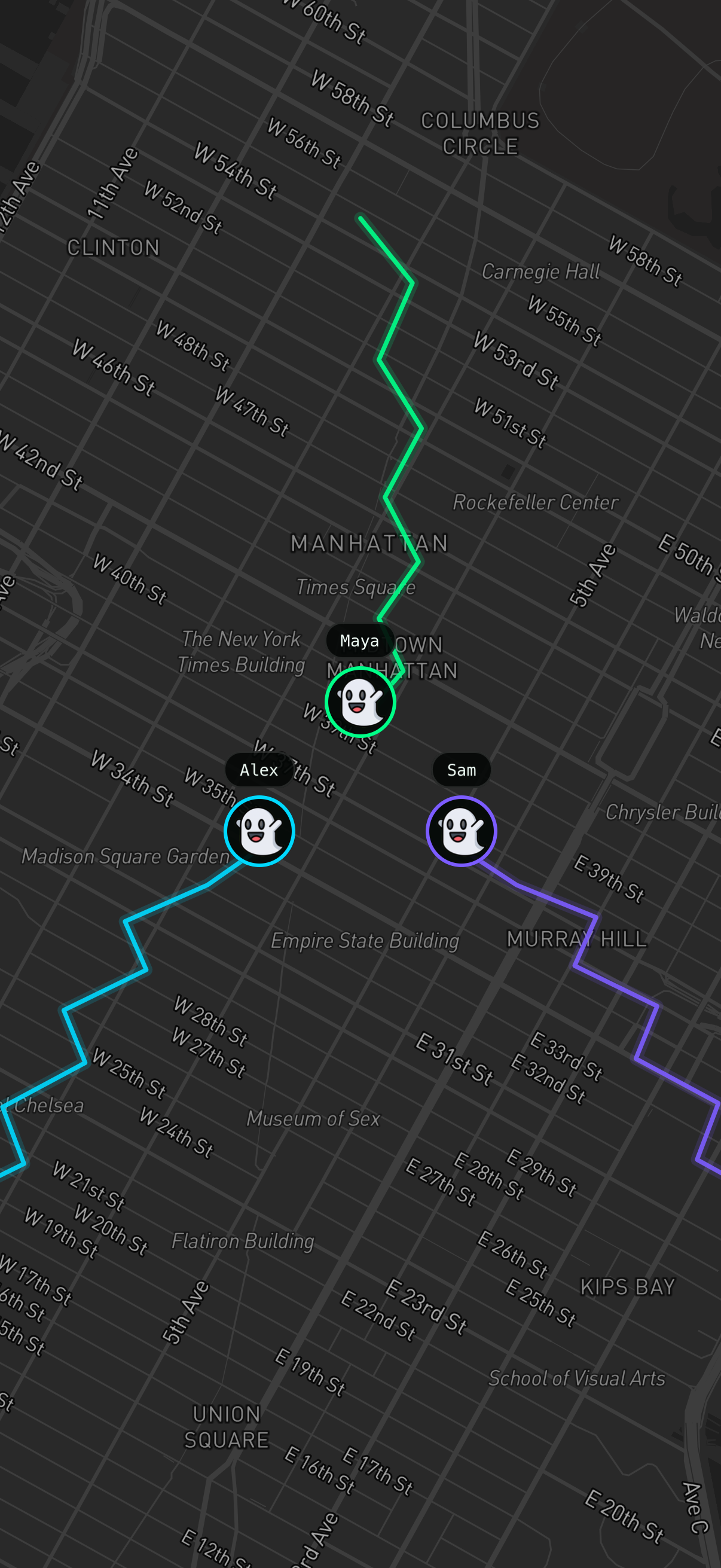 Three private GhostLink location trails shown on a dark map of Manhattan